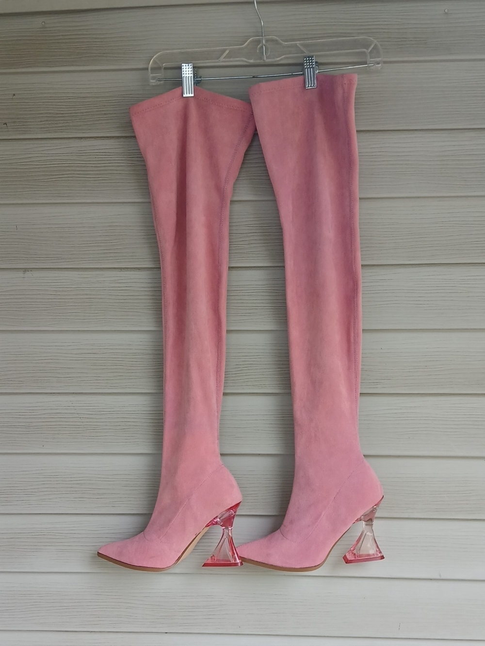 Calypso Over-the-Knee Pink Suede Boots with Sculpted Clear Heel